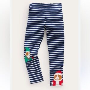 New Mini Boden Christmas Puppies Navy and White Striped leggings Sz 9-10y